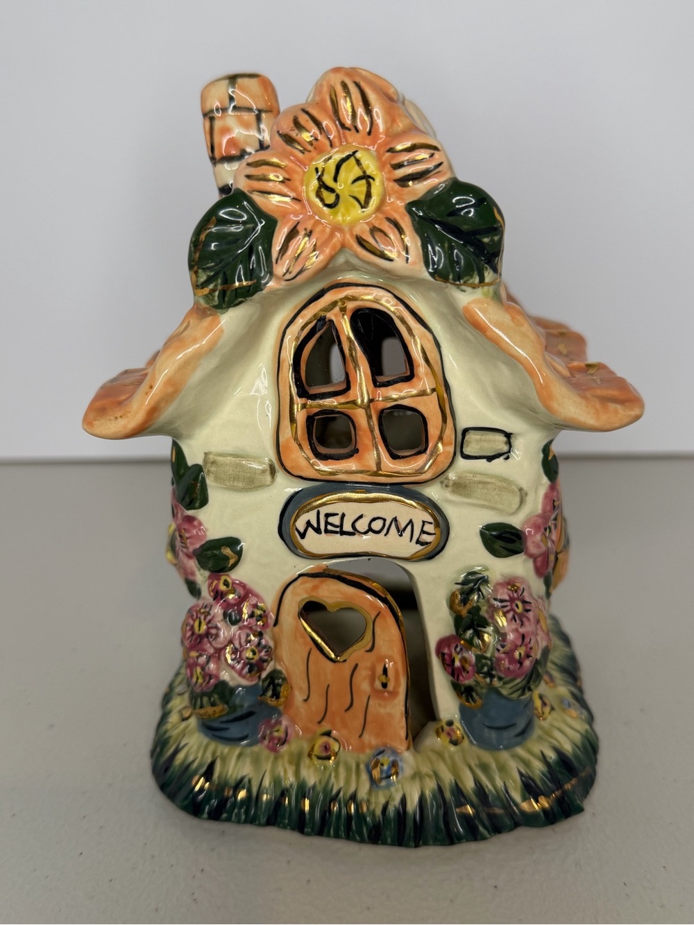 Vintage 2001 Kimberly Designs Ceramic Fairy Cottage Welcome Tea Light Holder